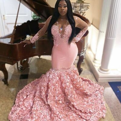 Pink mermaid prom dresses for african girls lace appliques birthday party dress evening formal dress