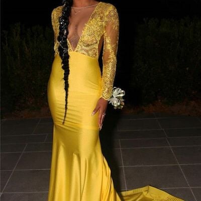 Yellow mermaid prom dresses for african women lace birthday party dress evening formal dress