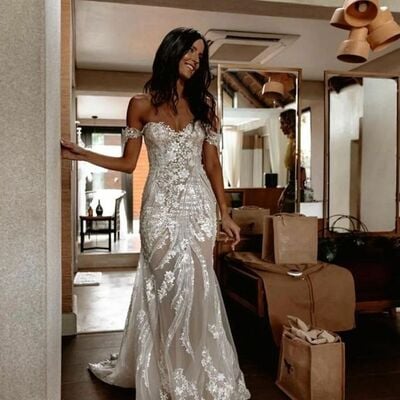 Sexy boho mermaid wedding dress, appliques floral wedding dress bridal gown