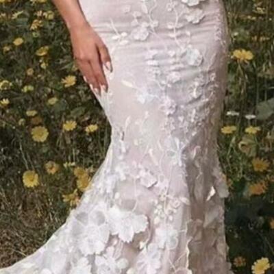 Sexy mermaid wedding dress, appliques floral wedding dress bridal gown