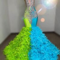 Green and Blue Mermaid Prom Dresses for African Women Beading Crystals Feathers Birthday Party Dress Evening Formal Dress - Thumbnail 5