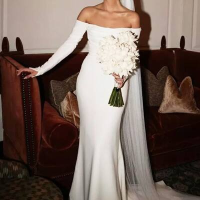 Simple mermaid wedding dress, satin wedding dress bridal gown