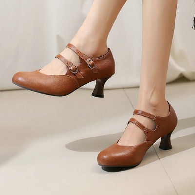 Brogue Double Belts High-heels Mary Jane Shoes