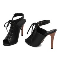 Fish mouth sandals wood grain heels stilettos - Thumbnail 4