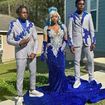 Royal blue mermaid prom dresses for african women sequins lace appliques birthday party dress evening formal dress