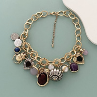 Excessive Statement Charm Necklace, Chunky Chain with Mixed Gemstone Pendants - Thumbnail 3