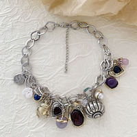 Excessive Statement Charm Necklace, Chunky Chain with Mixed Gemstone Pendants - Thumbnail 1