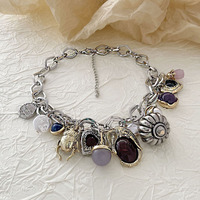 Excessive Statement Charm Necklace, Chunky Chain with Mixed Gemstone Pendants - Thumbnail 4