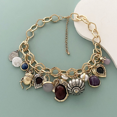 Excessive Statement Charm Necklace, Chunky Chain with Mixed Gemstone Pendants