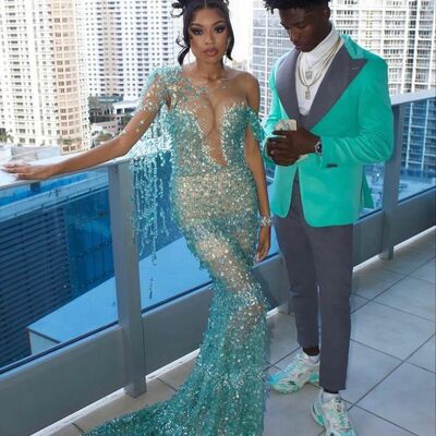 Light green mermaid prom dresses for african women beading crystals birthday party dress evening formal dress