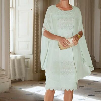 Mint green chiffon tea-length mother of bride/groom dress evening formal gown