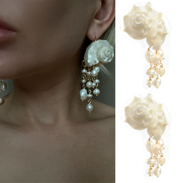 Baroque Pearl Drop Earrings, Shell Rose Design, Cascading Fresh Water Pearls