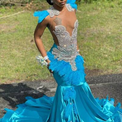 Sky blue mermaid prom dresses for african women beading crystal feathers birthday party dress evening formal dress