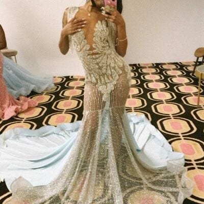 Light champagne mermaid prom dresses for african women beading crystal sequins birthday party dress evening formal dress