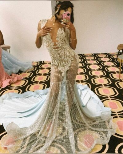 Light Champagne Mermaid Prom Dresses for African Women Beading Crystal Sequins Birthday Party Dress Evening Formal Dress