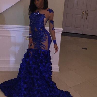 Royal blue mermaid prom dresses for african women sequins lace birthday party dress evening formal dress