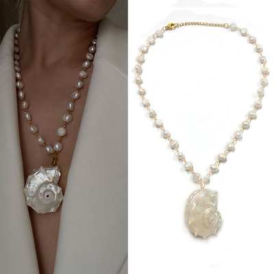 Baroque Pearl Necklace with Natural Shell Pendant, Gold Chain, Freshwater Pearl Beads