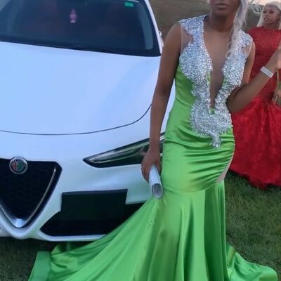 Green mermaid prom dresses for african women white appliques birthday party dress evening formal dress