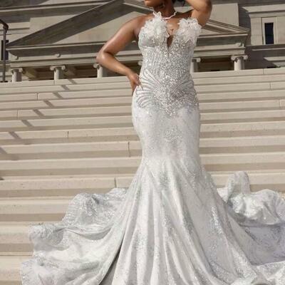 White mermaid prom dresses for african women beading crystals sequins birthday party dress evening formal dress