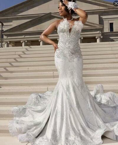 White Mermaid Prom Dresses for African Women Beading Crystals Sequins Birthday Party Dress Evening Formal Dress