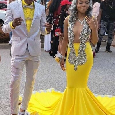 Yellow mermaid prom dresses for african women silver appliques birthday party dress evening formal dress