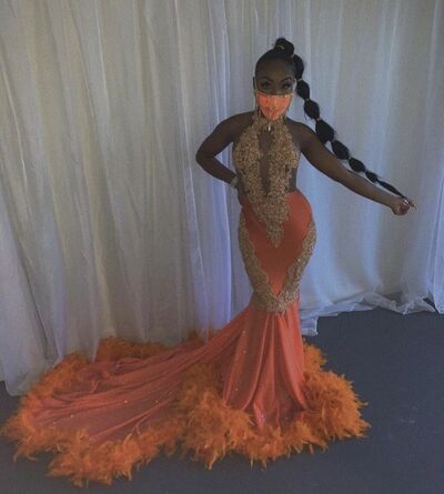 Orange Mermaid Prom Dresses for African Women Beading Crystals Feathers Birthday Party Dress Evening Formal Dress