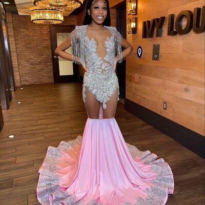 Pink mermaid prom dresses for african women beading crsytals birthday party dress evening formal dress
