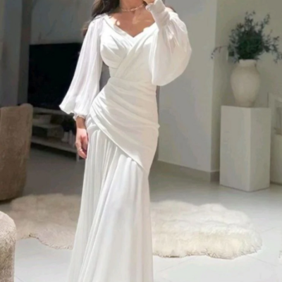 Modest white a line evening dress with puff sleeves