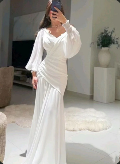 Modest White A Line Evening Dress with Puff Sleeves