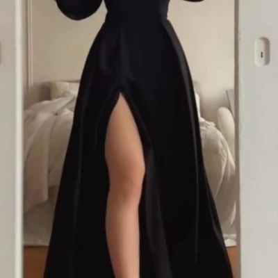 Off shoulder trendy black a-line long evening dress with split