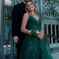 Elegant A Line V Neck Green Lace Long Prom Dresses - Thumbnail 2
