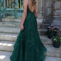 Elegant A Line V Neck Green Lace Long Prom Dresses - Thumbnail 1