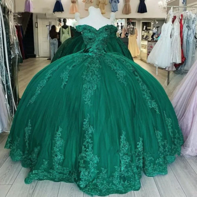 Off shoulder ball gown dark green lace tulle quinceanera dresses 
