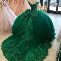 Off Shoulder Ball Gown Dark Green Lace Tulle Quinceanera Dresses  - Thumbnail 1