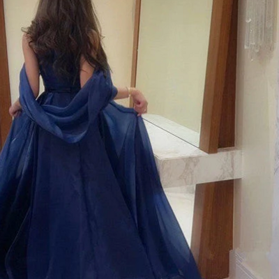 Strapless royal blue a line long prom dress with straps  - Thumbnail 2