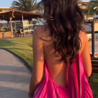 Elegant Pink V-neck Long Satin Evening Dress Wedding Guest Dress - Thumbnail 1