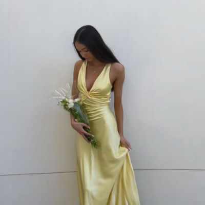 Simple a-line v neckline satin prom dresses formal - Thumbnail 1