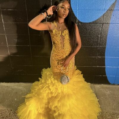 Yellow mermaid prom dresses for african women beading crystals birthday party dress evening formal dress