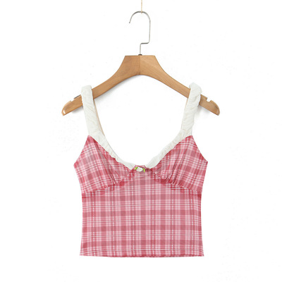 V-neck 3d flower-decorated pink and white checkered camisole top