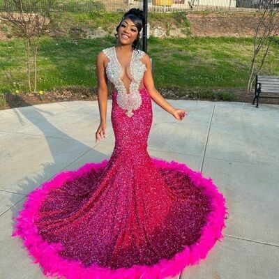 Fuchsia hot pink  mermaid prom dresses for african women beading crsytals feathers birthday party dress evening formal dress