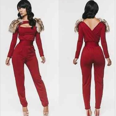 Faux fur shoulder jumpsuit