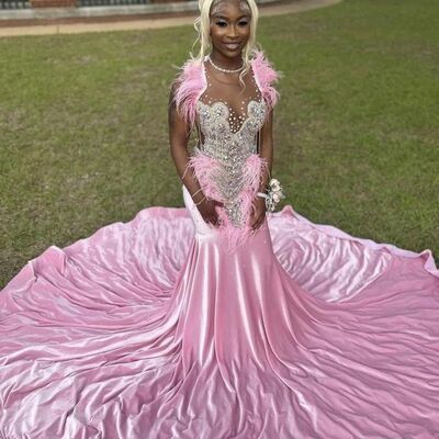 Pink mermaid prom dresses for african women beading crystals feathers birthday party dress evening formal dress