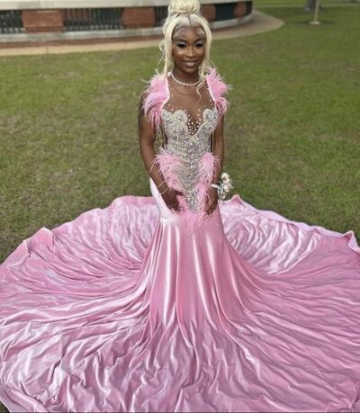 Pink Mermaid Prom Dresses for African Women Beading Crystals Feathers Birthday Party Dress Evening Formal Dress