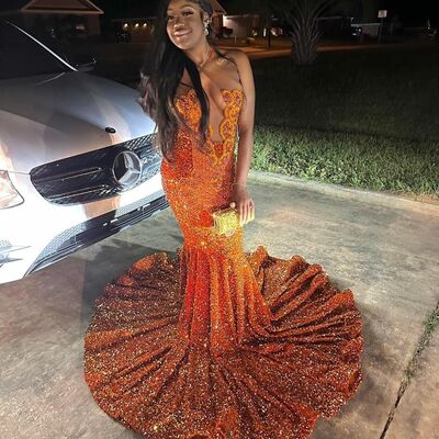 Orange mermaid prom dresses for african women beading crsytals birthday party dress evening formal dress