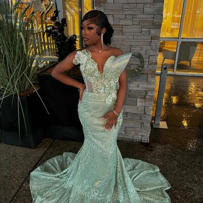 Mint green mermaid prom dresses for african women beading crsytals sequins birthday party dress evening formal dress