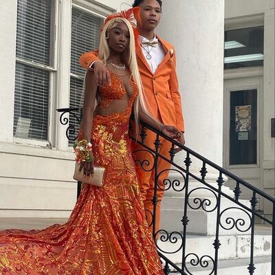 Orange mermaid prom dresses for african women sequins beading birthday party dress evening formal dress