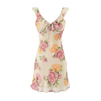 Floral contrast color small fresh V-neck lace mesh splicing flying sleeve dress - Thumbnail 2