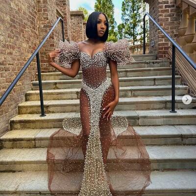 Brown mermaid prom dresses for african women beading crystals sexy birthday party dress evening formal dress