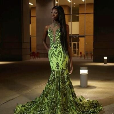 Green mermaid prom dresses for african women sequins lace birthday party dress evening formal dress