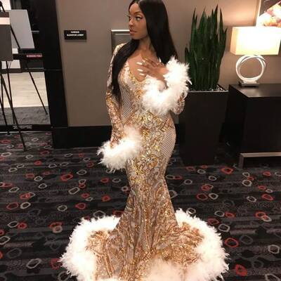 Gold mermaid prom dresses for african women sequins lace feathers birthday party dress evening formal dress